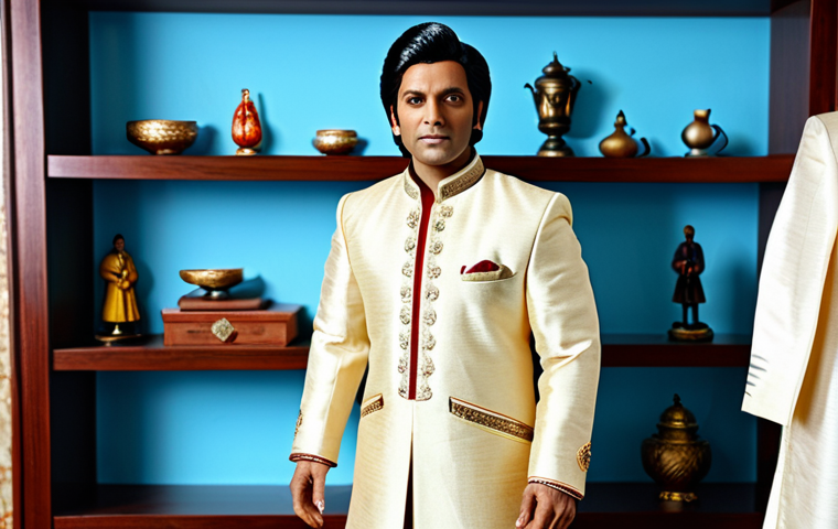 고급 피규어 브랜드의 특징 - **Prompt:** A highly detailed Hot Toys figure of a Bollywood actor in traditional Sherwani, displaye...